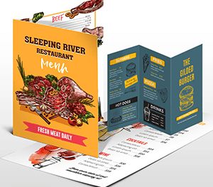 Full color brochure and restaurant menu printing — bi-fold and tri-fold on premium stock | TheFlyerLab