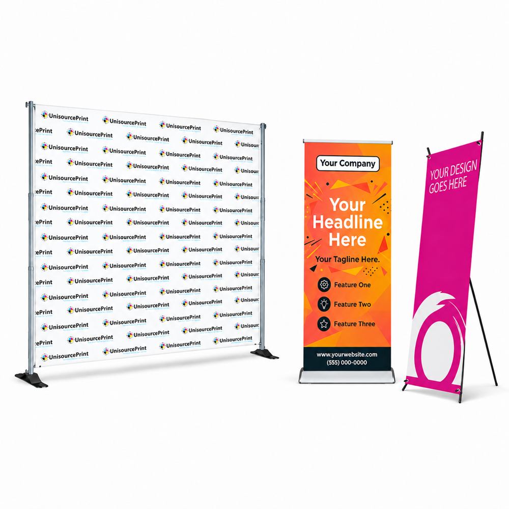Step-and-repeat backdrop, aluminum retractable banner, and X-style banner stand
