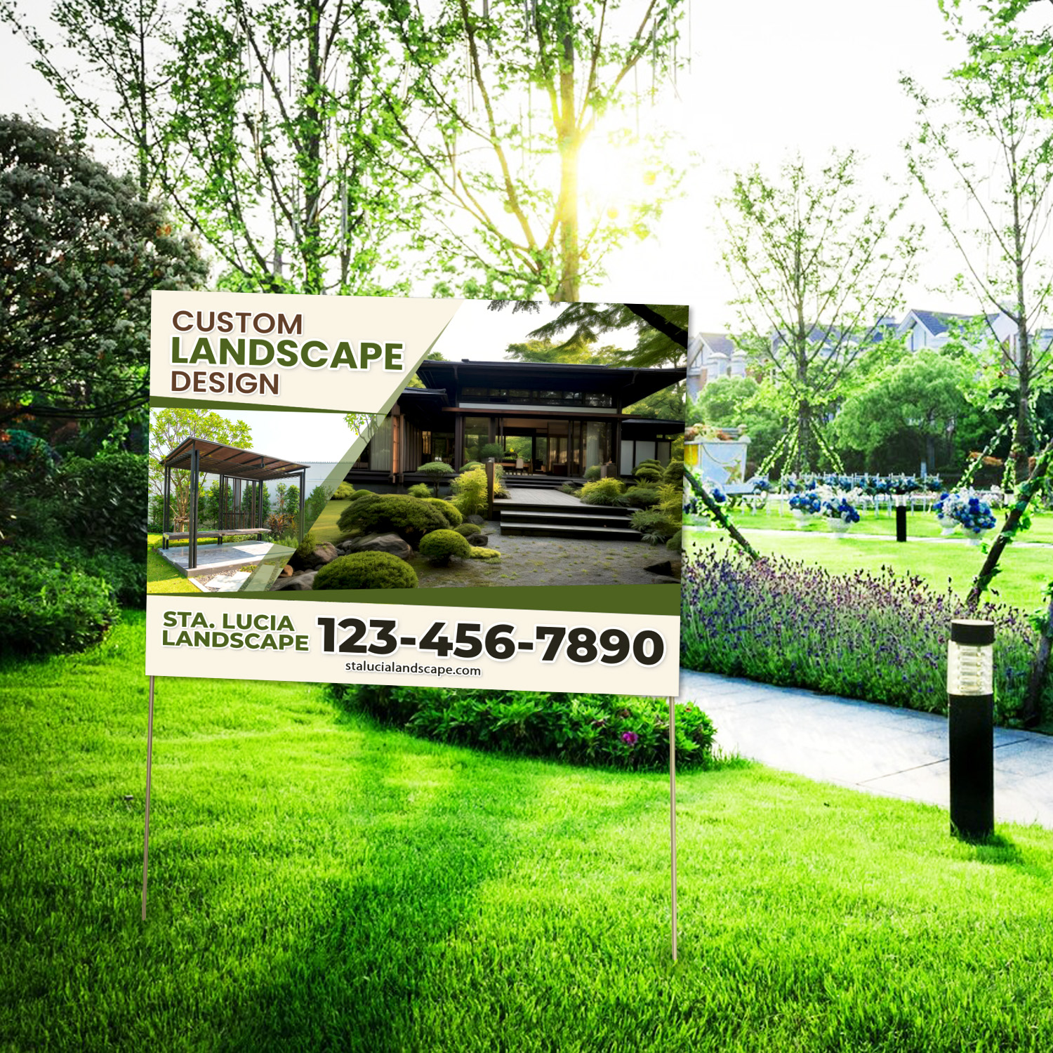 Yard sign for landscaping services displayed in front yard