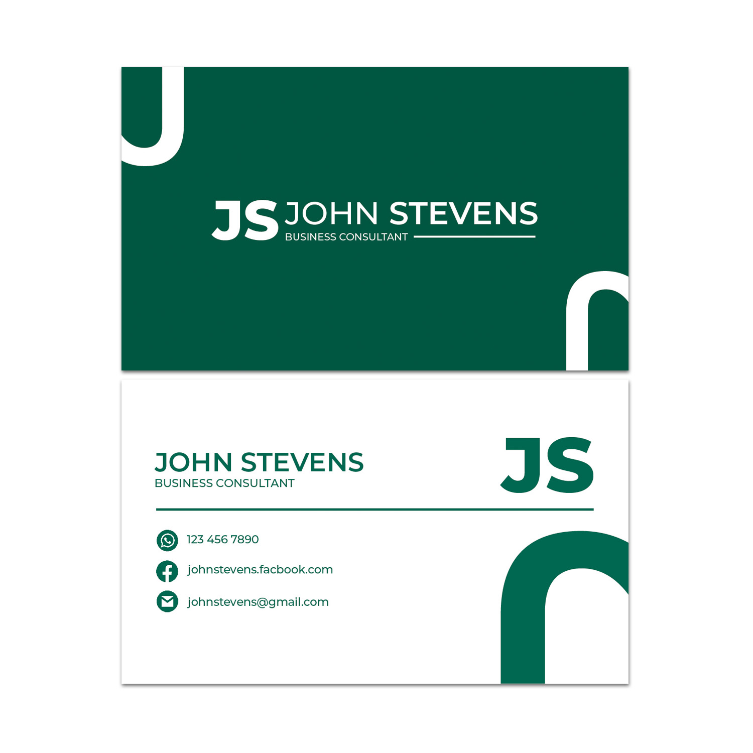 A double sided business card on a white background