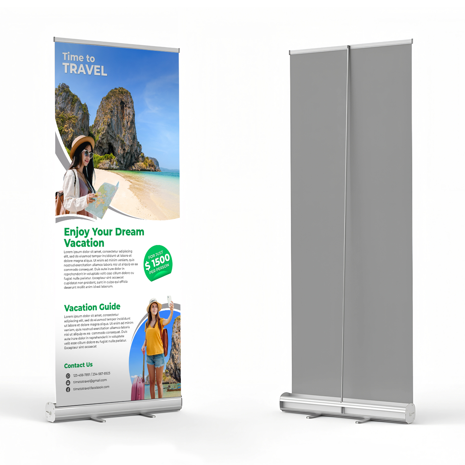 Front and back view of a standard retractable banner