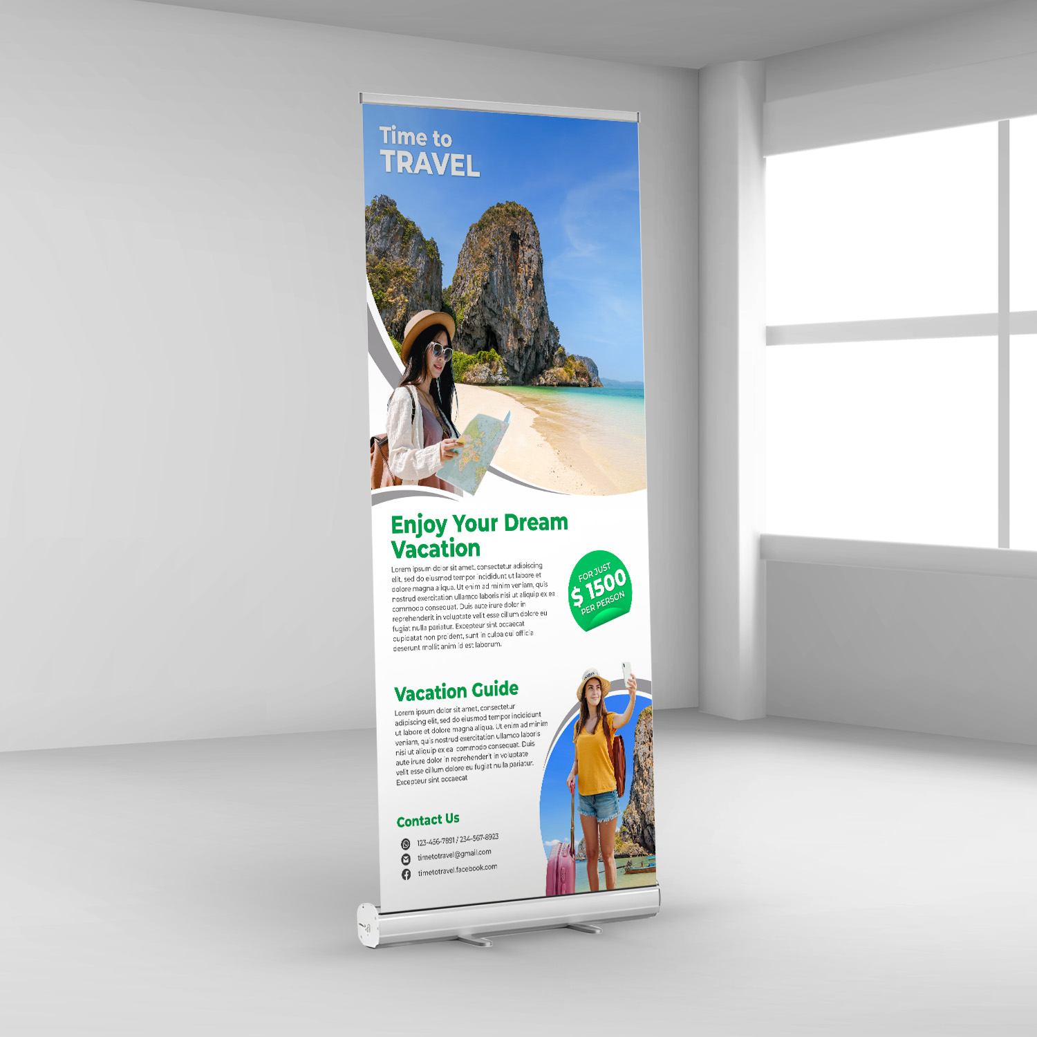 Retractable banner display in a white room