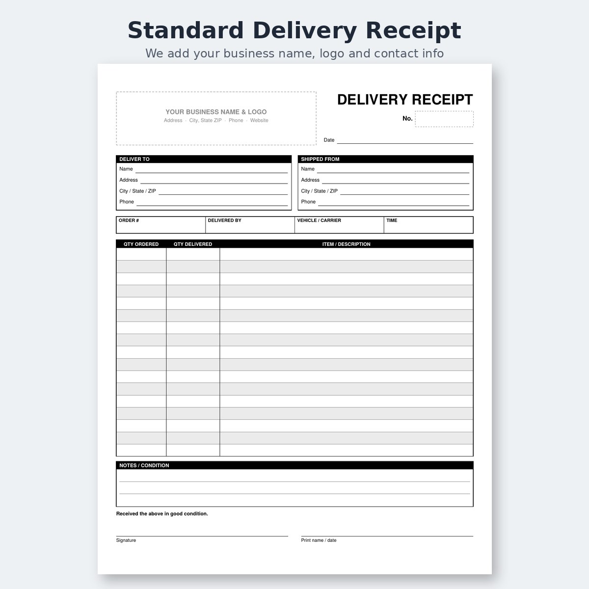 Standard Delivery Receipt