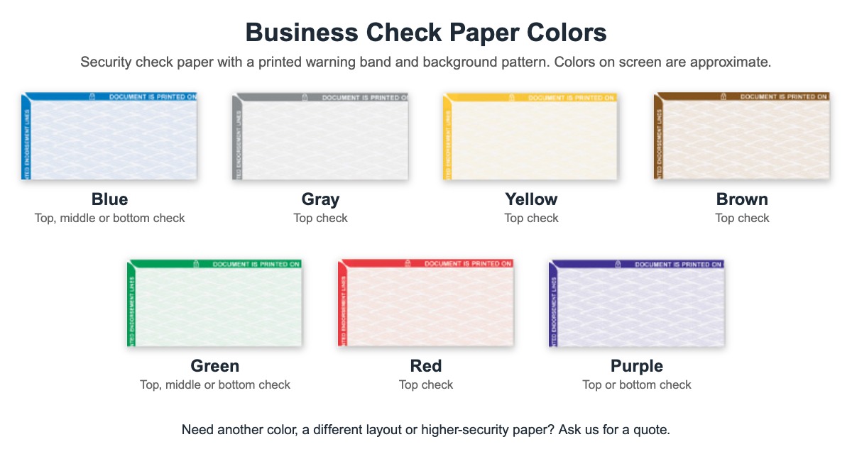 Business check paper colors